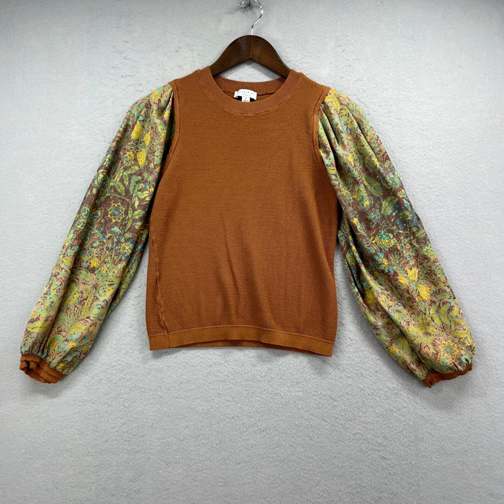 Current Air Knit Top Womens S Brown Floral Puff Sleeve Boho Sweater Blouse Shirt